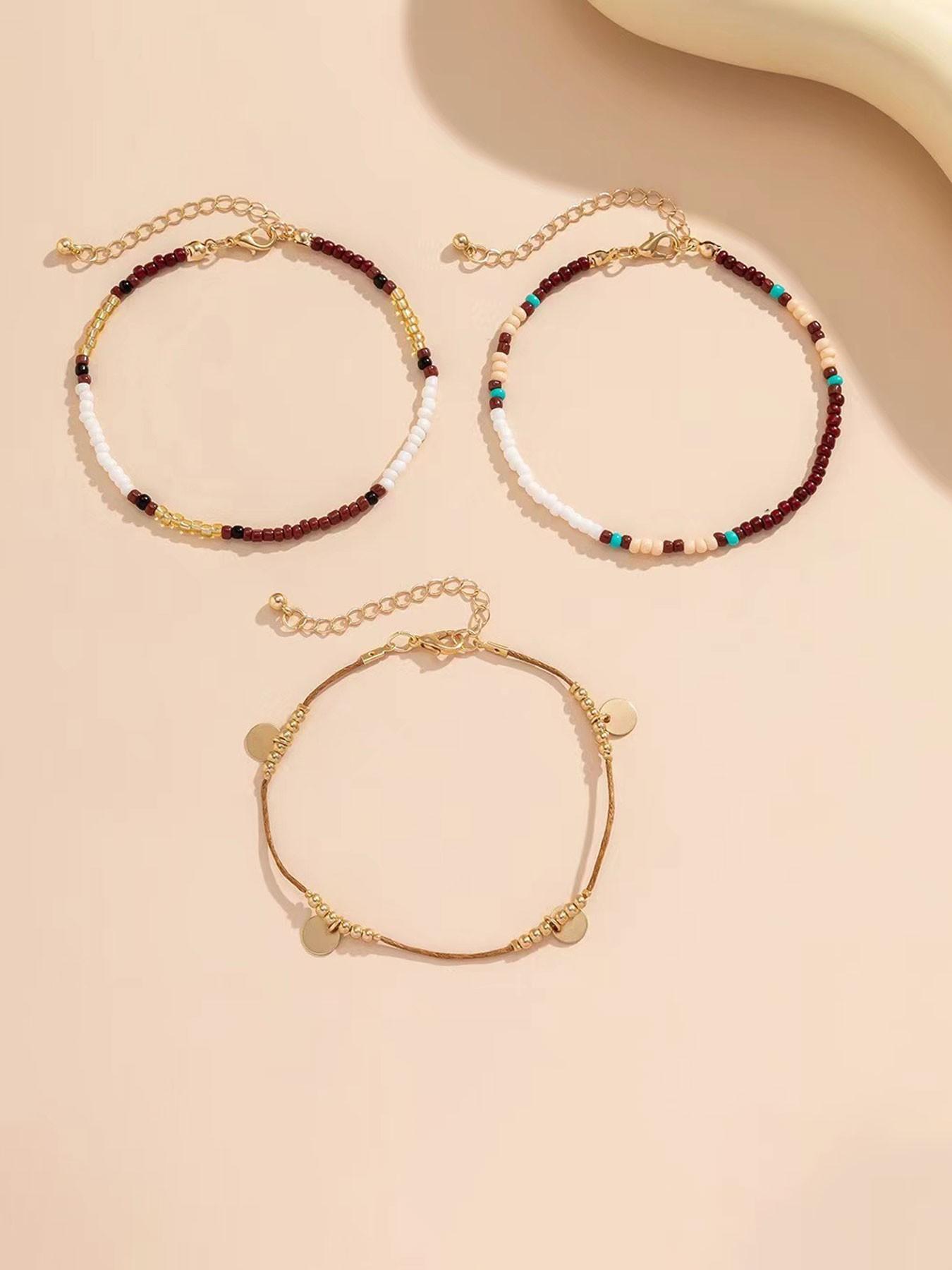 Bohemian Beaded Anklet Set (3 Pieces), Layered Anklet, Adjustable Multi-Layer Chain Ankle Bracelets for Women and Girls, Fashion Body Jewelry for Beach Party Vacation