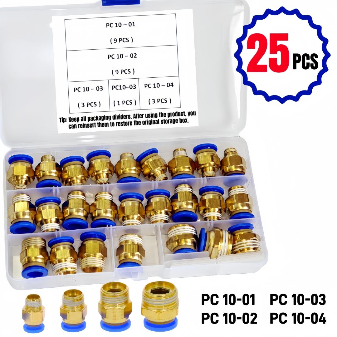 25-Piece Pneumatic Quick Connect Set, High Strength Copper Body, Blue Rubber Seal, 360 Degree Rotation, Fast Installation & Removal