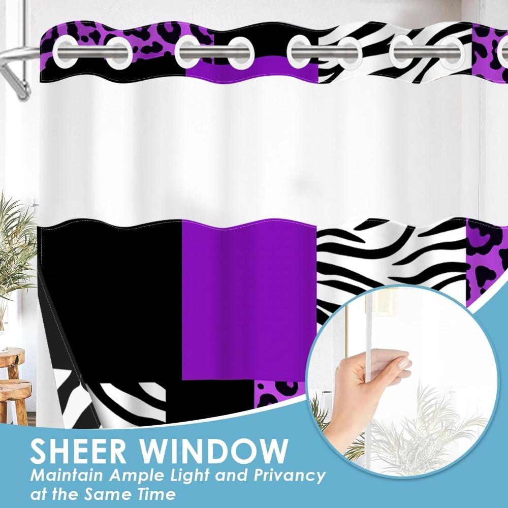 1pc hookless shower curtain with buckle lining, purple, black, white, leopard and zebra print patchwork design, 2D flat printing, waterproof fabric lining, see-through double-layer shower curtain, 71 x 74 inches, modern home draping curtain.