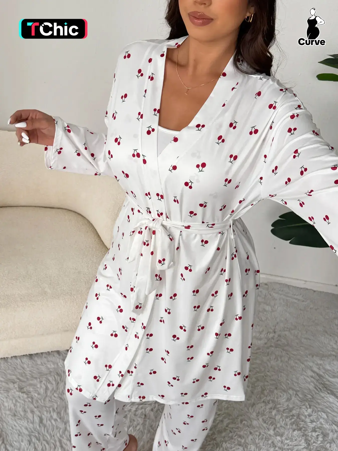 Plus Size Cherry Print Women's Sweet Comfortable Belted Robe & Sleeveless Long Pants & Cami Set, Three-Piece Pajama Sleepwear, Casual Home Wear