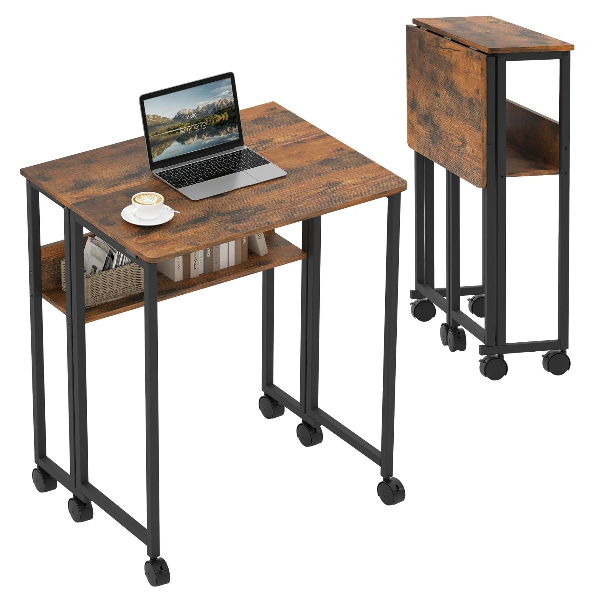Folding Desk with Storage Shelf – 24.8" Portable Computer Table on Wheels for Small Spaces, Home Office, Sofa & Writing