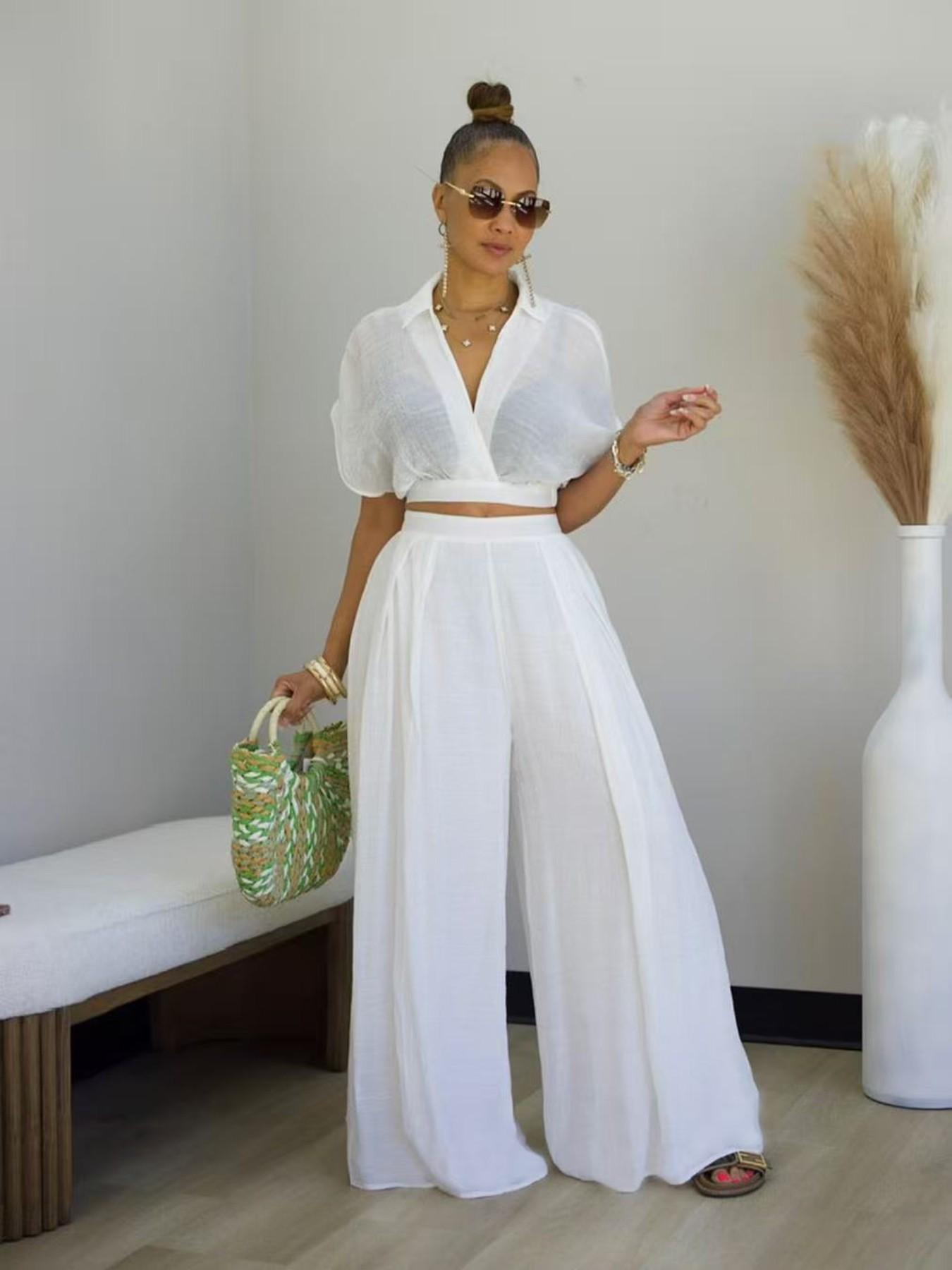 Women's Casual Vacation Chic Style Loose Collared Vneck Short Top and High Waist Wide Leg Pants Set, Comfortable and Stylish for Relaxing Days