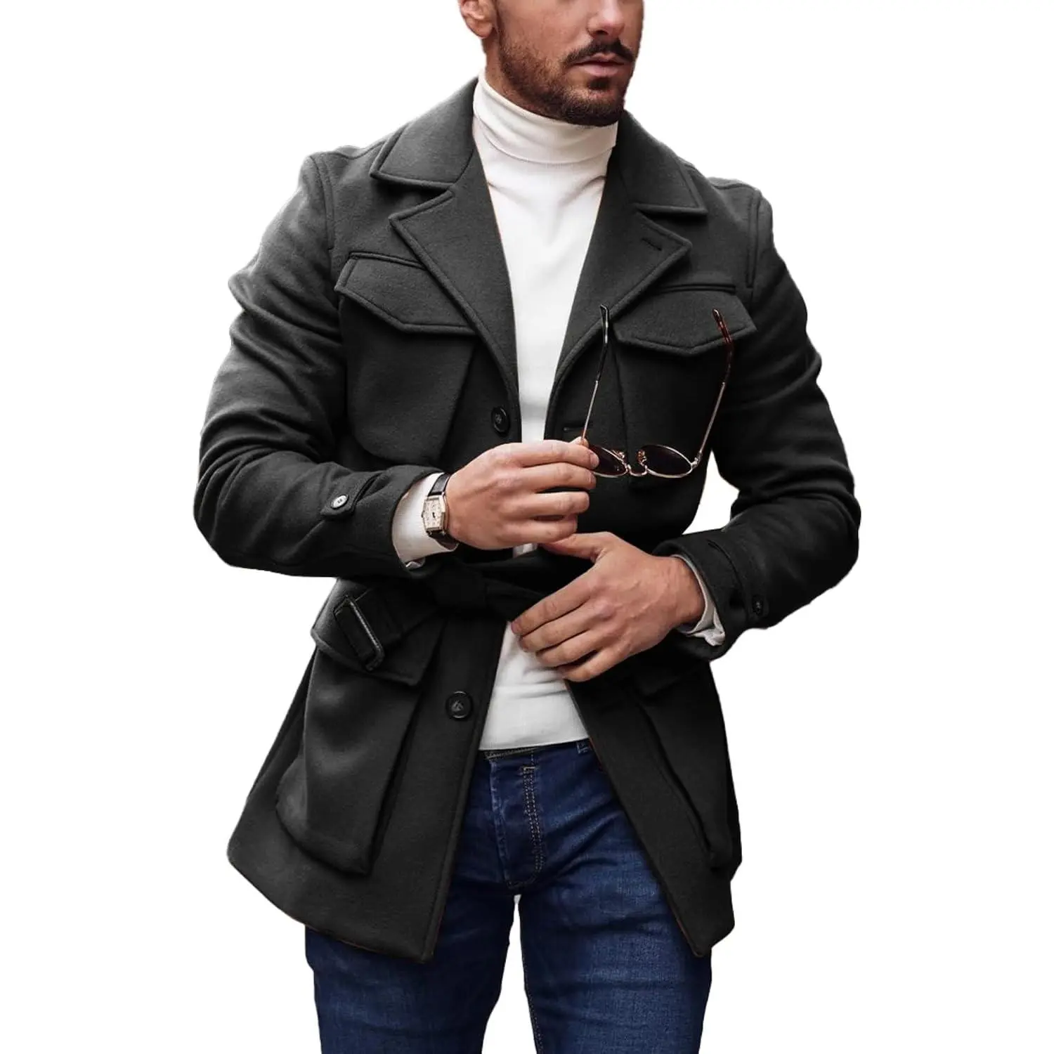Mens Trench Coat Slim Fit Wool Blends Business Lapel Belted Overcoat Winter Casual Peacoat Jacket