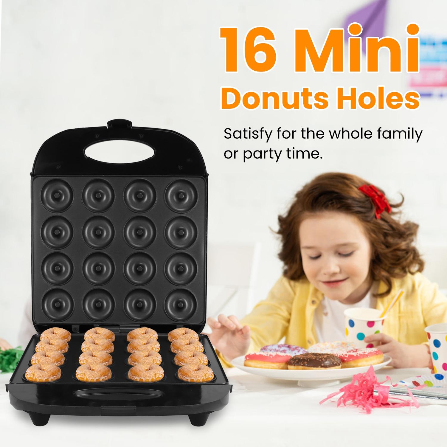 Mini Donut Maker Machine, 16 Holes Non-Stick Waffle Donut Baker, Double Side Heating Electric Doughnut Maker with Overheat Protection, Easy Use Snack Maker for Kids Breakfast Home Dessert Making