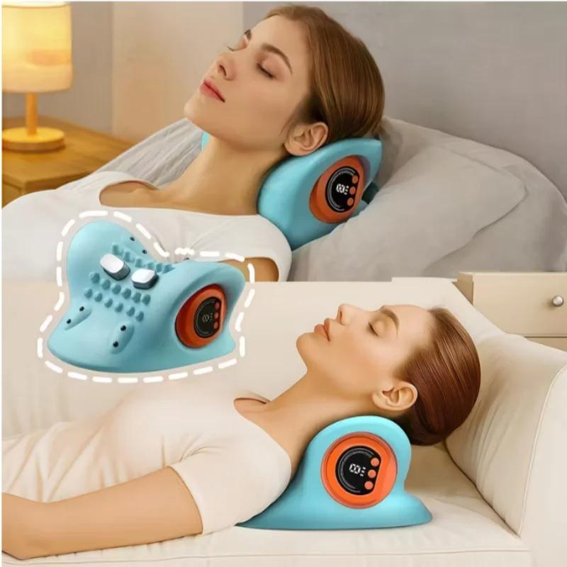 Electric cervical traction massager, neck massager, EMS relaxation and heating kneading massage pillow, ergonomic headrest, for adult neck repair traction, electric neck and head acupoint massage, home relaxation tools, USB charging