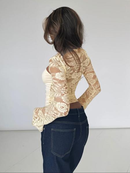 Elegant Women's French Vintage Lace Top, Sexy Sheer Patchwork Crop Top, Ruched Backless Design, Flounce Long Sleeve, Party Wear, Blouse