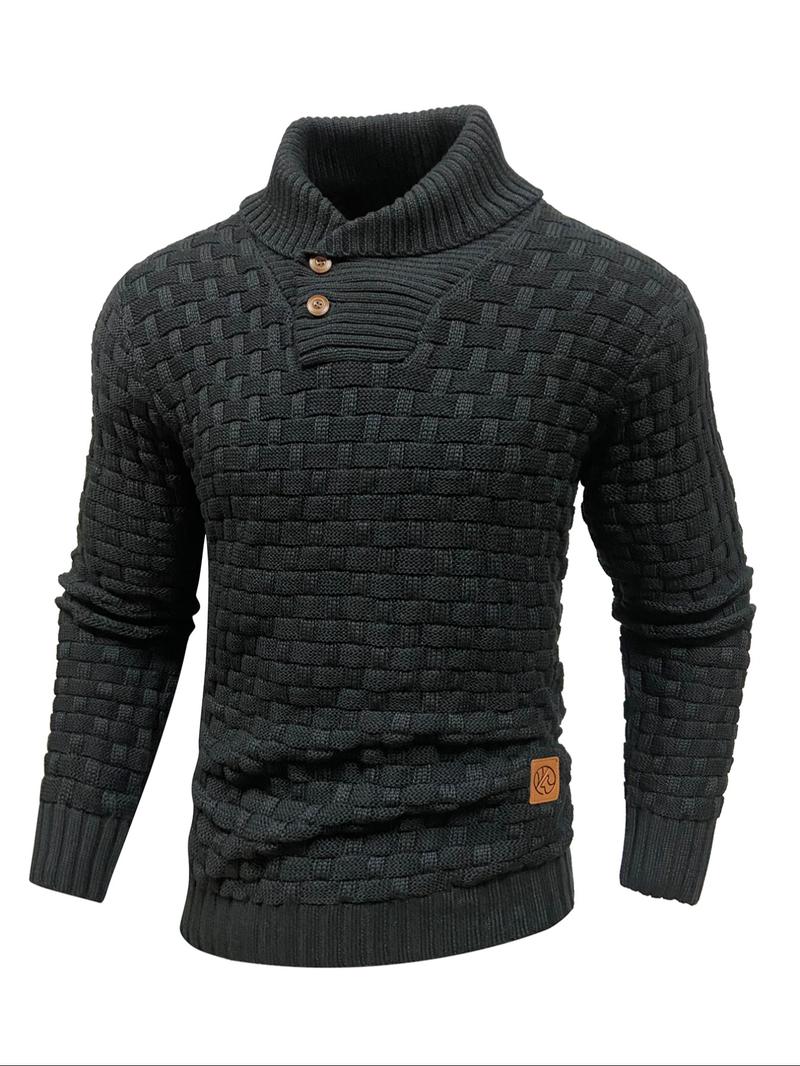 Men's Regular Textured Patched Detail Shawl Collar Sweater, Casual Long Sleeve Jumper for Fall & Winter, Fashion Men's Knitwear for Daily Wear, Longsleeves Men's Regular Textured Patched Detail Shawl Collar Sweater, Casual Long Sleeve Jumper for Fall & Winter, Fashion Men's Knitwear for Daily Wear, Longsleeves