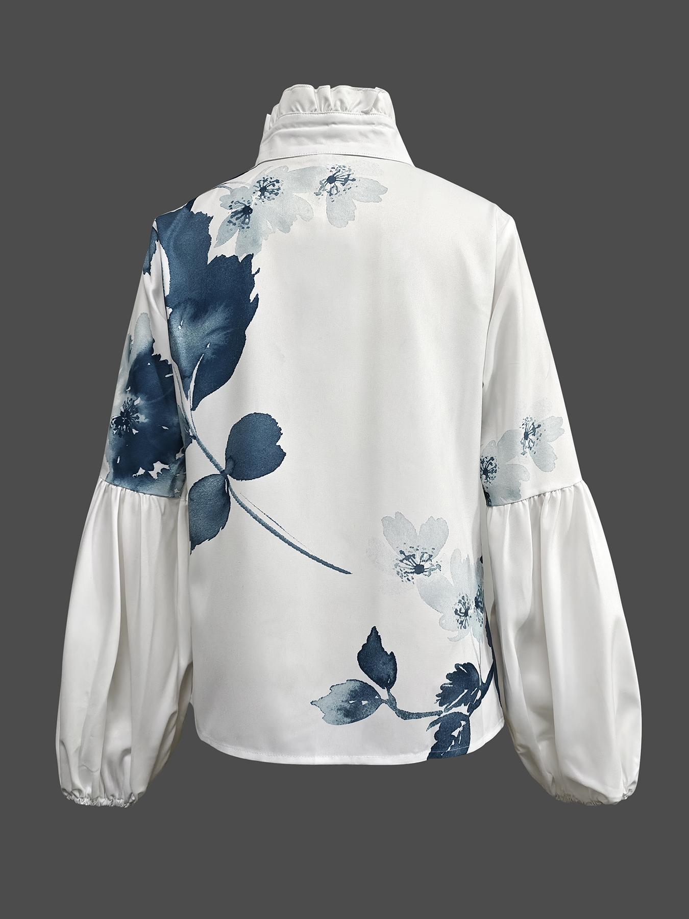 Women's Floral & Leaf Print Button Decor Shirts, Casual Elegant Bishop Sleeve Top for Daily Wear, Ladies Clothes for All Seasons, Button Up Blouse