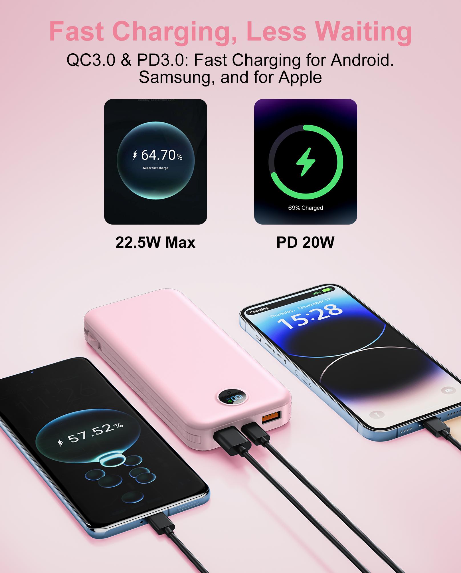 Diamuar Ultra-Thin 12,000mAh Power Bank with Built-in AC Plug & Cable, USB-C PD20W Fast Charging, LED Digital Display, Portable Charger for iPhone Androi