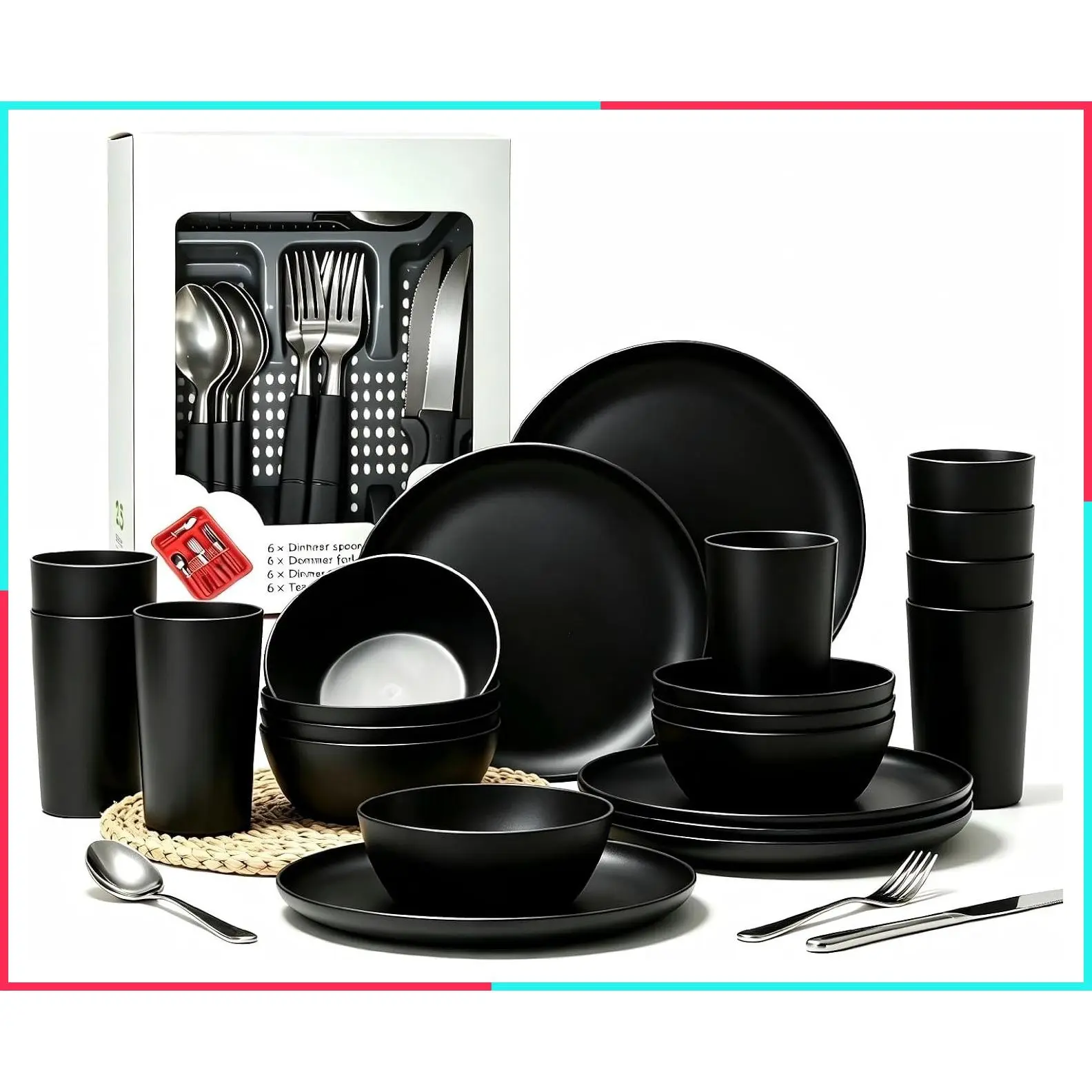 24pcs Matte Black Dinnerware Set with Plates Bowls & Cups, Unbreakable Reusable BPA-Free Tableware for 8, Dishwasher Safe for Kitchen Party Picnic Camping, Bonus Cutlery Included