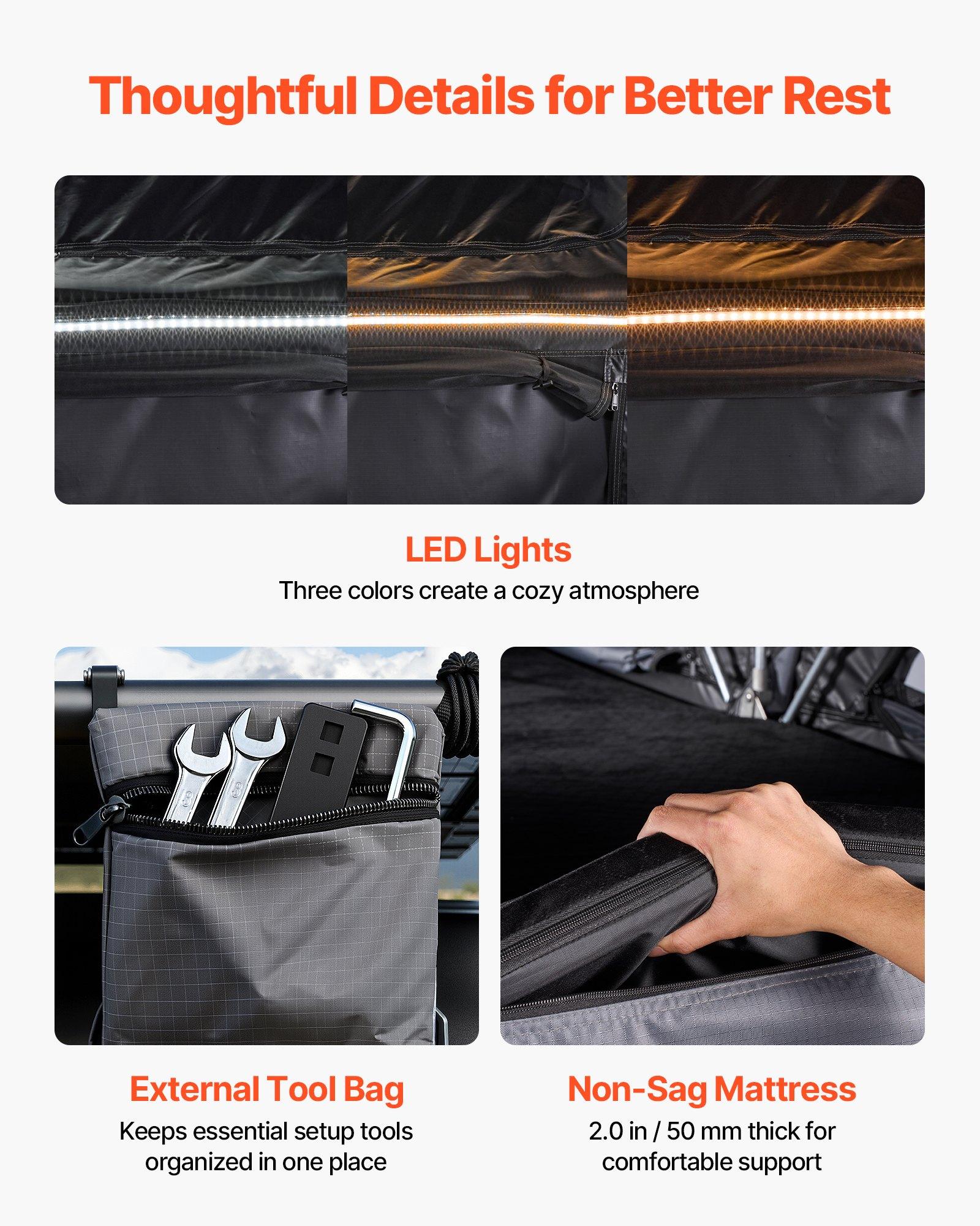 VEVOR Rooftop Tent, 2-3 Person Foldable Aluminum Roof Top Tent with Tri-Color LED Light, Thick Mattress 10 Windows, Waterproof Windproof Overland Camping Car Roof Rack Suitable for Jeep SUV Pickup