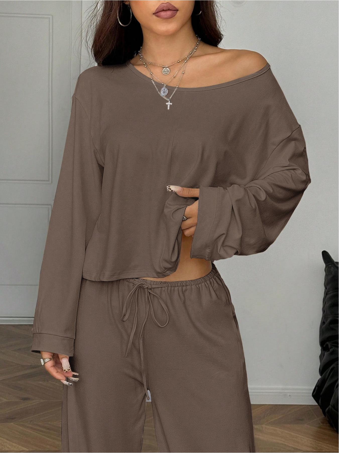 Women's 2 Piece Matching Lounge Set Off The Shoulder Long Sleeve Top and Drawstring Wide Leg Pants Casual Sweatsuit