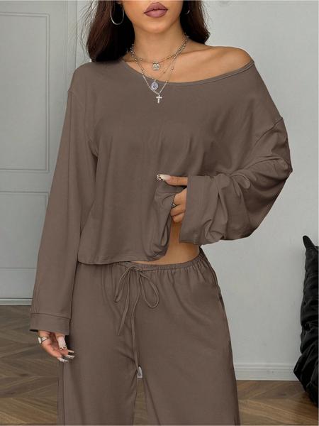 Women's 2 Piece Matching Lounge Set Off The Shoulder Long Sleeve Top and Drawstring Wide Leg Pants Casual Sweatsuit