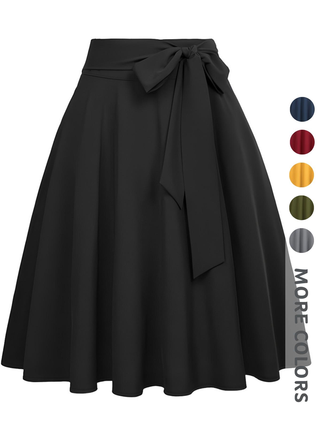New Spring Summer Women's Solid Color Midi Skirt High Waist Zipper Design Umbrella Hem Bow Belt Elegant Fashion Commuter Versatile