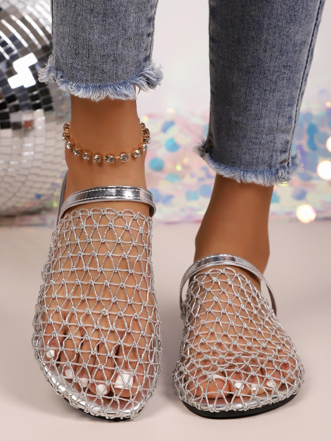 Women's YYW1 Fishnet Weave Hollow-Out Round Toe Flat Slip-On Casual Shoes, Large Sizes, Comfortable Walks for Daily Wear