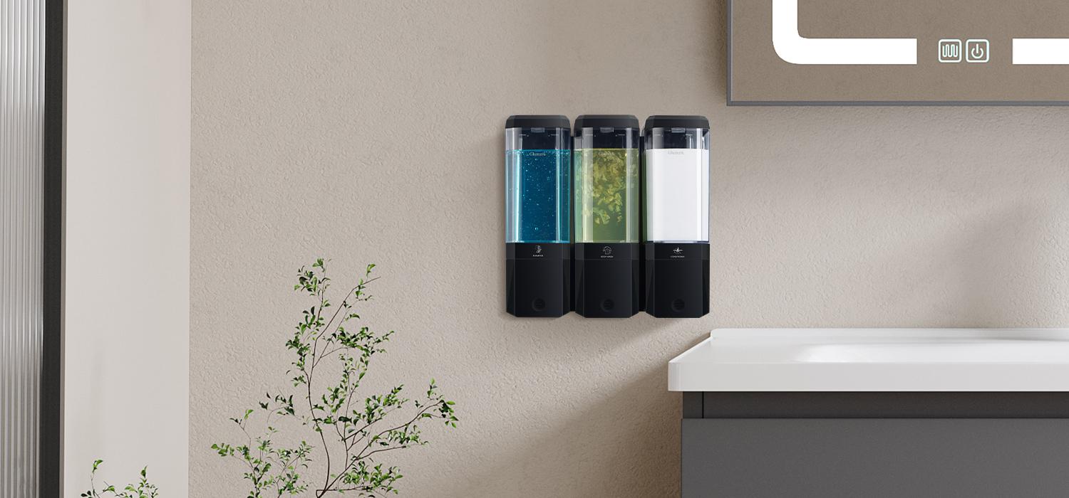 Glumzrk Shampoo and Conditioner Dispenser 3 Chamber No Drill Shampoo Dispenser for Shower Wall Mounted Shower Soap Dispenser 3 * 500ml Refillable Shower Dispenser for Bathroom Hotel