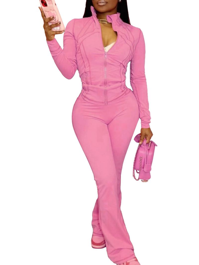 Women's Solid Long Sleeve Zip Up Jacket & Flare Leg Skinny Pants Two-piece Set, Casual Fashion Cozy Outfits for Daily Outdoor Wear, Women Clothes for Fall & Winter