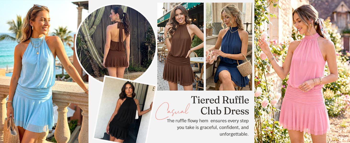 Wenrine Womens Mesh Halter Mini Dresses Summer Sleeveless Tie Open Back Ruched Waist Tiered Ruffle Going Out Club Dress
