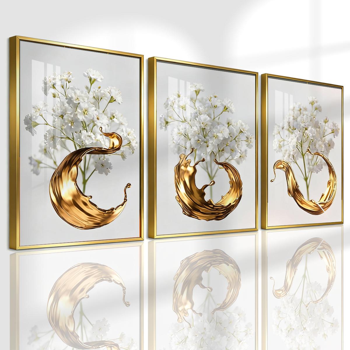 3 Counts Aluminum Alloy Framed Painting, White Flowers With Golden Liquid Art Pictures, Home Decoration For Living Room, Bedroom, Office, Restaurant, Hallway Wall Decor, Odorless Print Artwork, Luxury Perfect Gift For Friends And Family