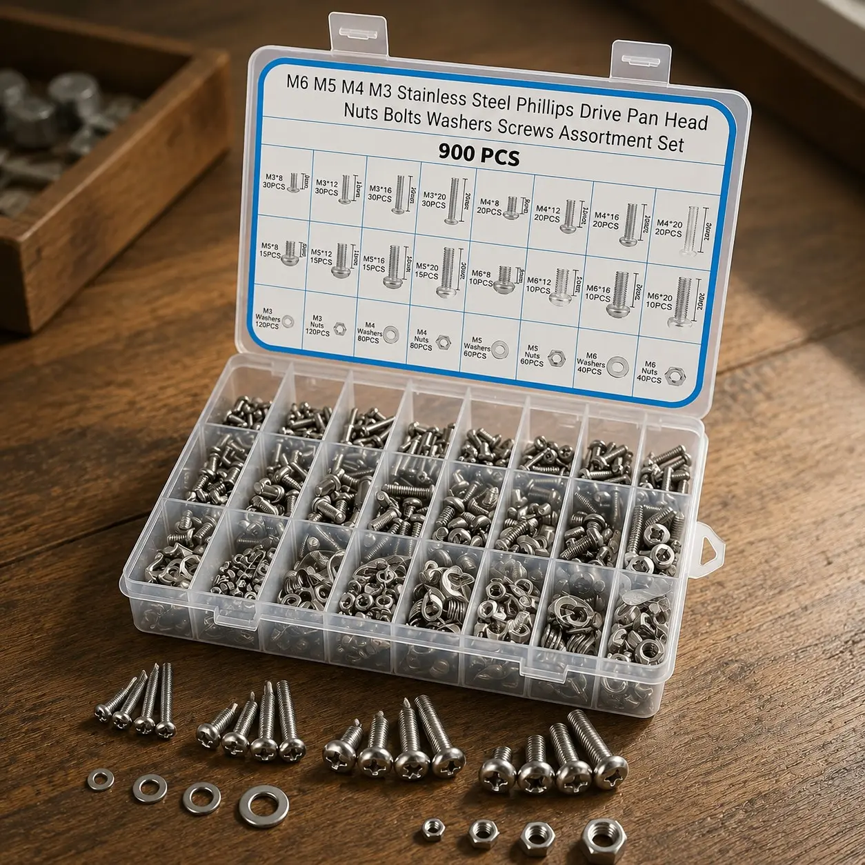 Nuts and Bolts Assortment Kit, 900 pcs Stainless Steel Metric Assorted M6 M5 M4 M3 Machine Screws Set Phillips Drive Pan Head with Flat Washers