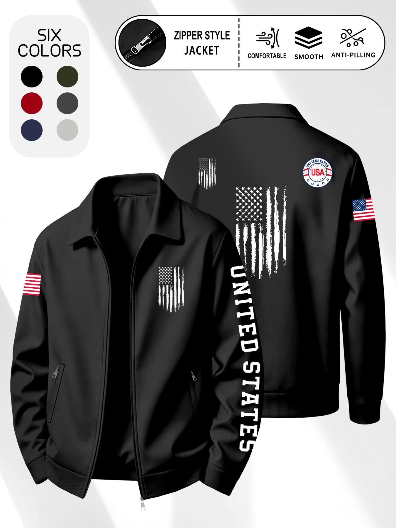Men's Vintage Usa Flag Print Jacket, Menswear Lapel Collar Zipper Long Sleeve Outerwear, Loose-Fit Casual Coat, Spring & Fall, Multiple Colors Available