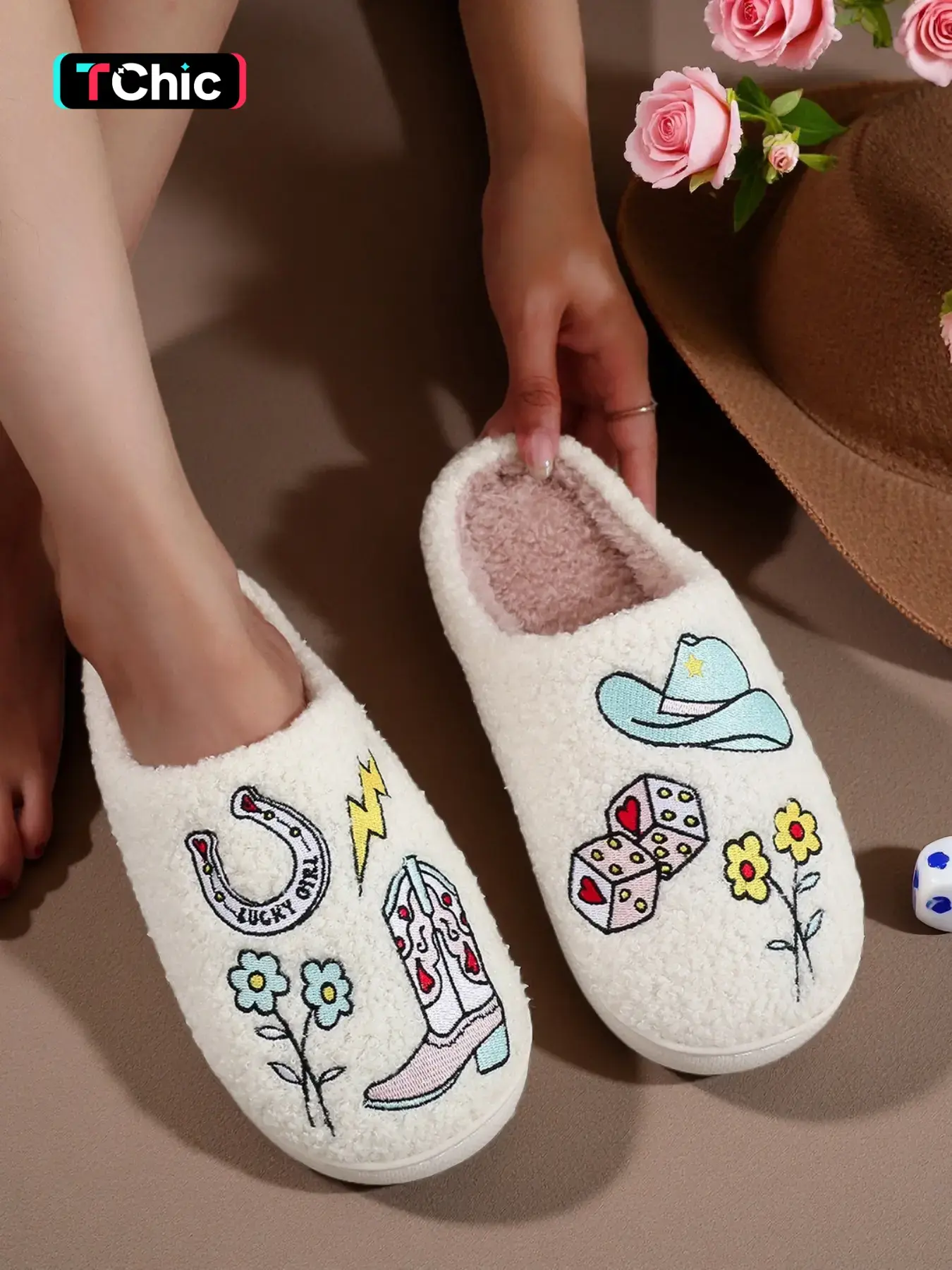 Western Cowboy Style Plush Slippers, Luckgirl Embroidered Floral Design, Cozy Warm Indoor Outdoor Shoes for Fall & Winter, Stitched Slippers, Cozy Bedroom Slippers