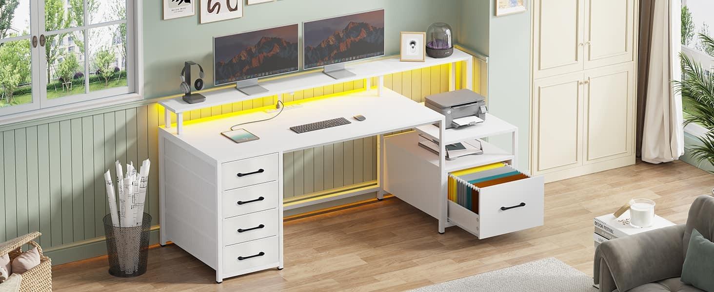 Sikaic 66 Inches LED Gaming Desk With File Drawer Power Outlet Printer Cabinet And Monitor Shelf Furniture Table Storage Office FathersDayGift Adjustable Ergonomic Chair