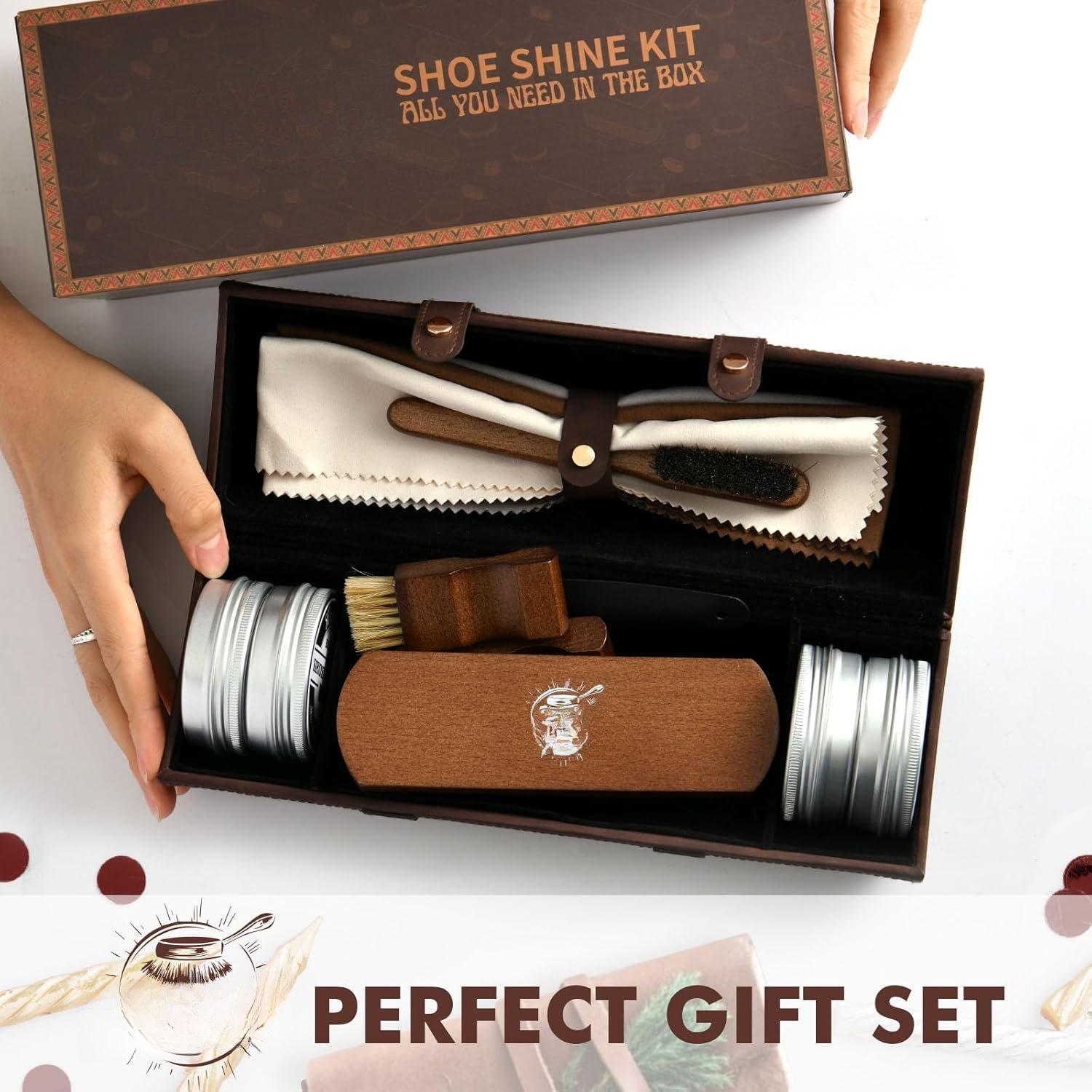 Leather Shoe Polish Kit - Birthday Gifts for Men, Dad, Shoe Shine Kit, Leather Boot Care Kit, Mens Gifts Ideas