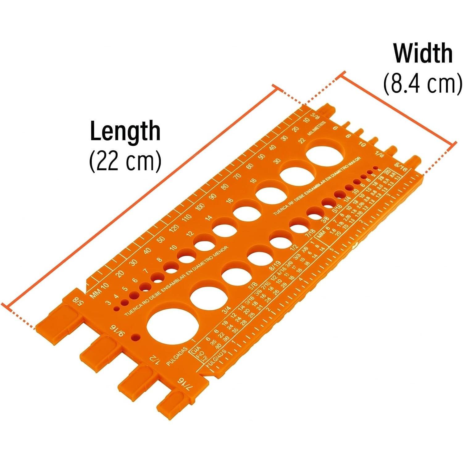 22 cm Nut and Bolt Measuring Gauge (Model 10811 / REGLA-22) | Metric and Standard (SAE) Sizer, Heavy-Duty Thread Pitch, Diameter, and Length Identifier Ruler for Workshop and DIY