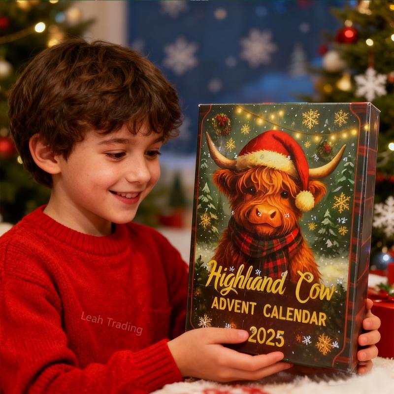 2D Graphic Design, 2025 24 Days of Christmas Countdown Calendar with 24 Collectible Mini Cows - Scottish Theme Christmas and Halloween Countdown Calendar, 1-24 Numbered Doors, Daily Cow-Shaped Display, Christmas Decoration