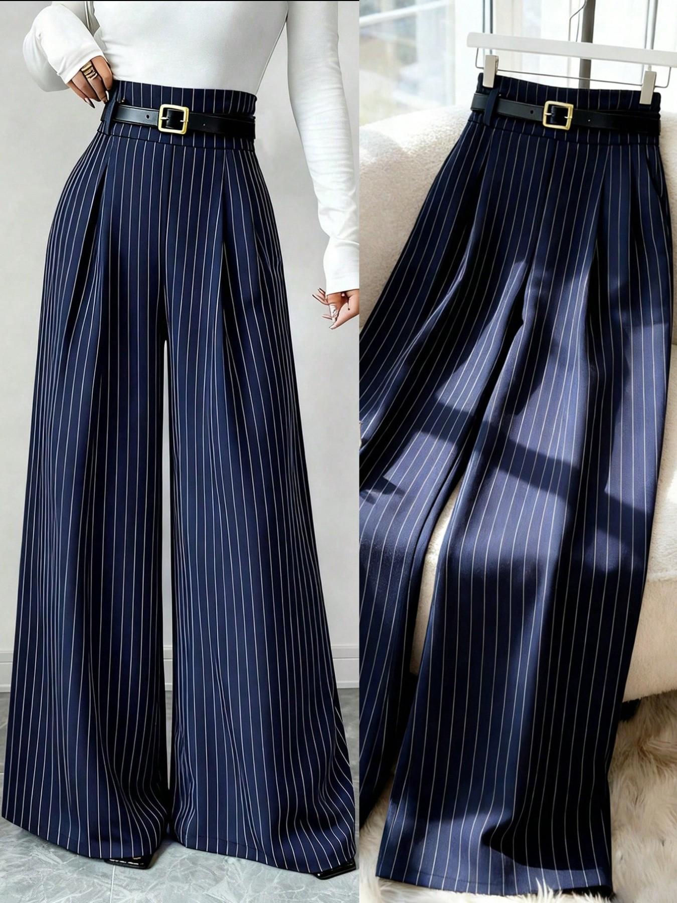 Women's New Navy Striped Suit Pants, High Waist Elegant Fashion, Elastic Waist Straight Leg Loose Wide Leg Pants, Casual Daily Commute, Casual Summer Bottoms, Classy Casual Trousers, All Season Trousers
