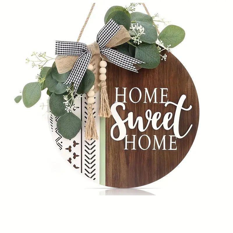 Home Sweet Home 2D Farmhouse Welcome Sign, Round Wooden Hanging Door Decor with Bow and Artificial, Rustic Porch Wreath for Holidays