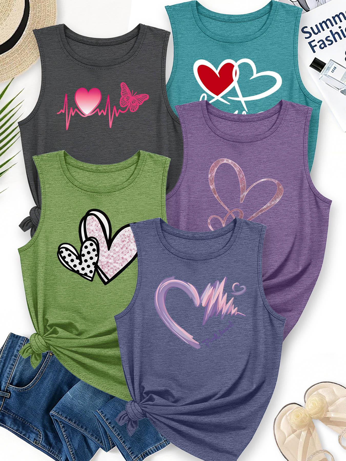 5Pcs Women Crew Neck Sleeveless Tank Tops, Varied Texture Heart Butterfly Sweet Print, Multi-color Washable Spring Summer Top, Soft Skin-friendly Fabric Daily Versatile Fashion Design