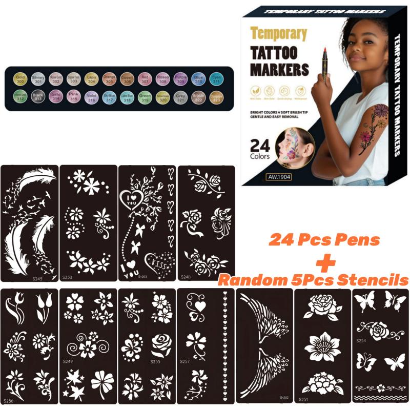 Temporary Tattoo Markers,10/12/18/24 Colors Metallic Markers,Tattoo Stencil, Cosmetic Tattoos Pens,Flexible Brush Tip, Bright colors, Face Paint Kit Cosmetic Quality,Christmas gifts