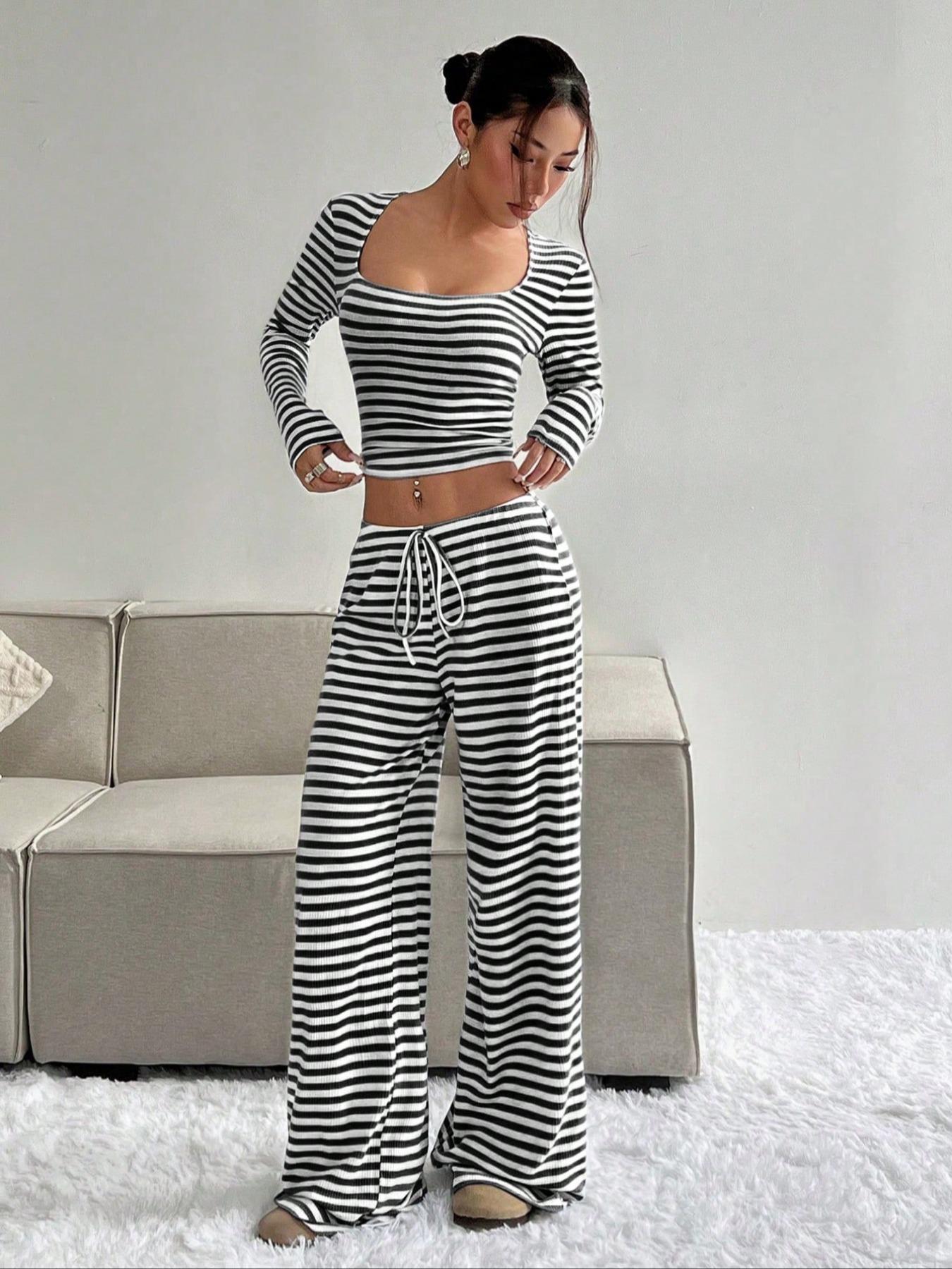 2026 Women's 2 Piece Y2K, Striped Ribbed Knit Long Sleeve Square Neck Crop Top, High Waist Drawstring Wide Leg Pants Loungewear Set