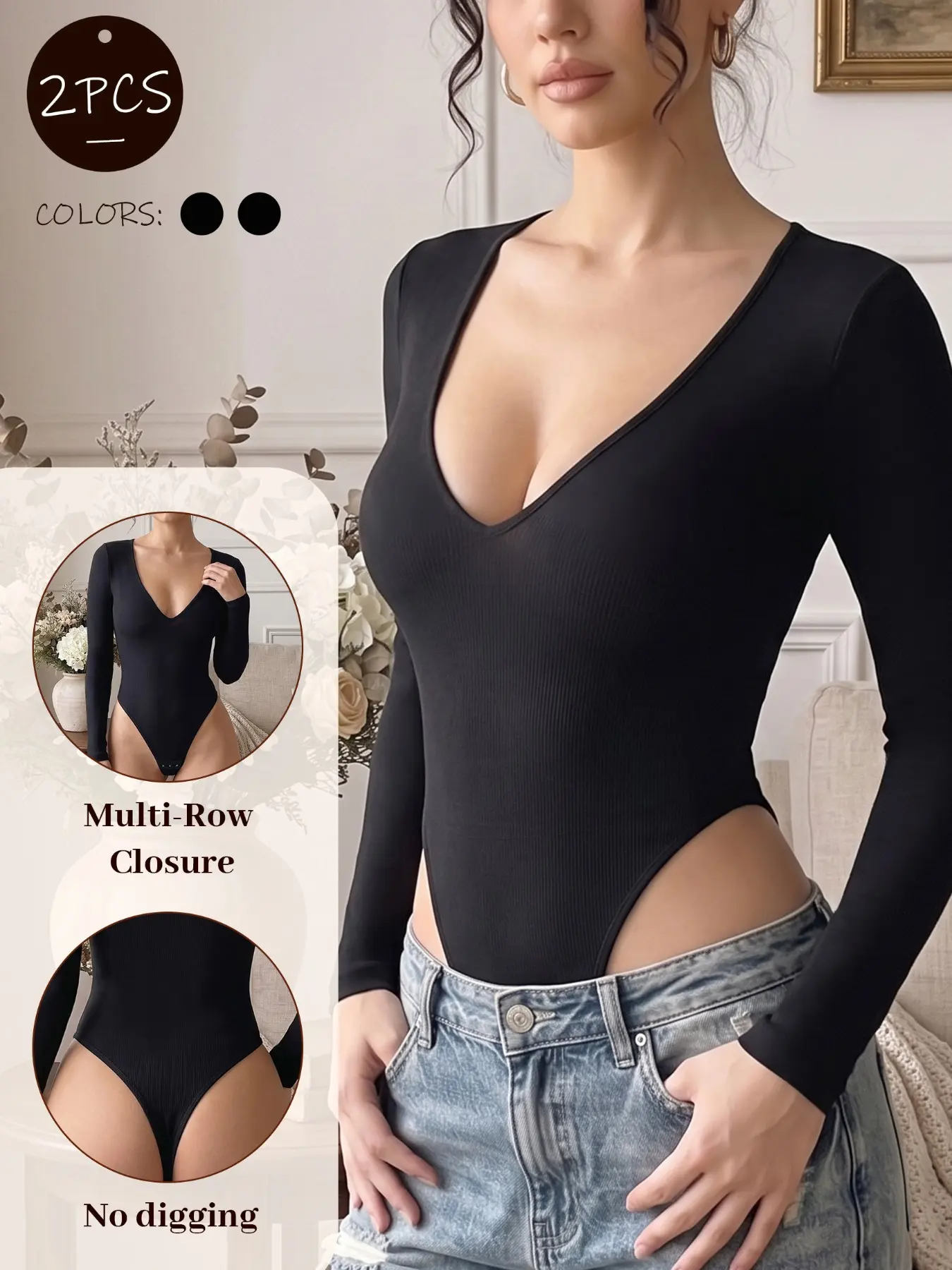 2 Pack Stretchy Ribbed V Neck Long Sleeve Bodysuits for Women, Stylish Bodysuit, No Bunching Slim Fit Basic Tops with Snap Closure, Versatile Layering Shirts for Office & Weekend