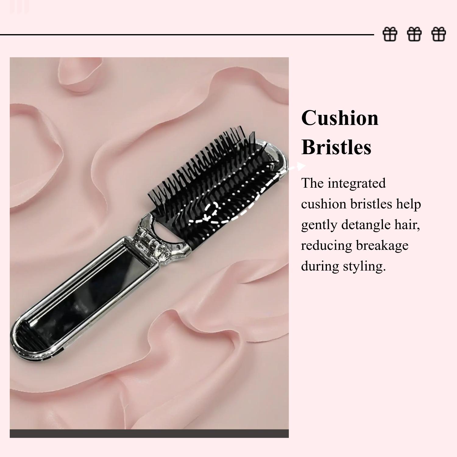 Cute Foldable Mini Comb Portable Ladies Mirror Cushion Integrated Small Massage Pad Comb, Abs Plastic Handle, Hair Styling Tool, Folding Comb