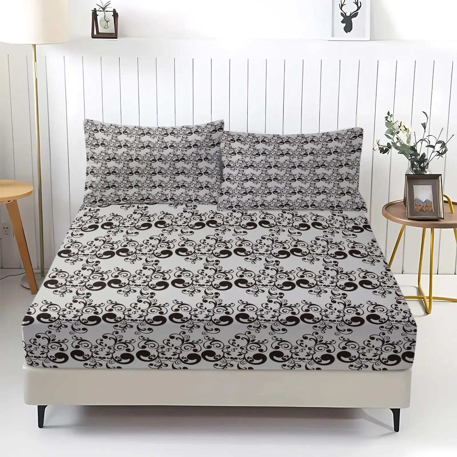 3Pcs Vintage Damask Fitted Sheet Set, Classic Black Floral Scroll Ornament Print Bedding, 1 Fitted Sheet + 2 Pillowcases, Deep Pocket, Soft Microfiber, Bedroom Decor