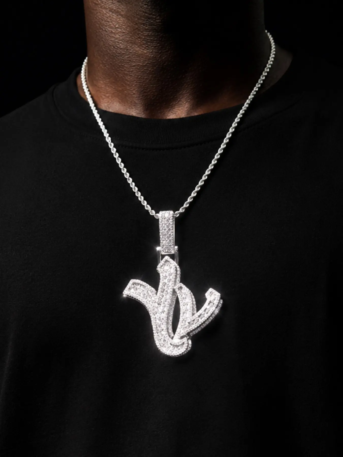 Iced Out YV Necklace Pendant for Men Silver Plated 5A Cubic Zirconia Hip Hop Jewelry