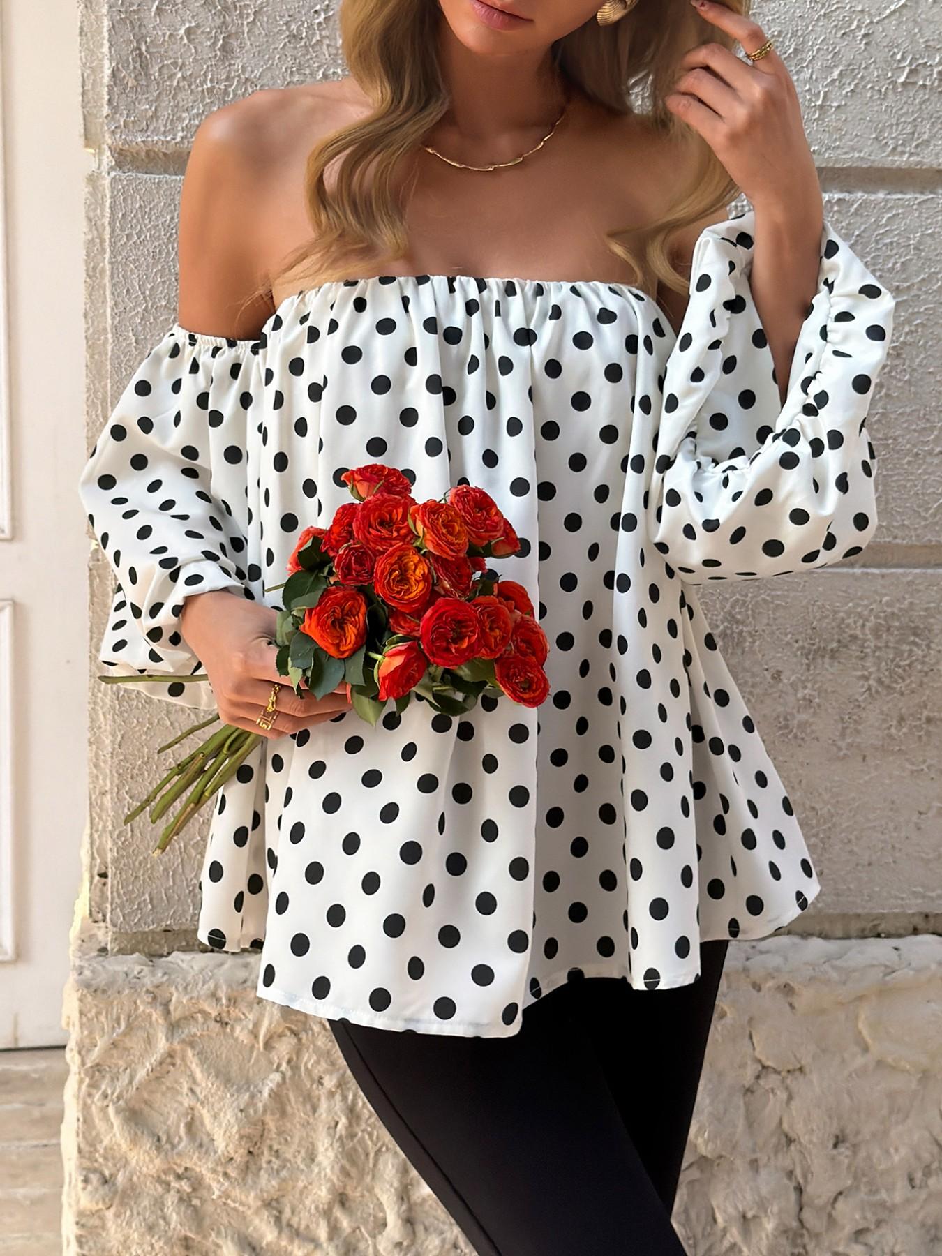 Women Off Shoulder Polka Dot Blouse Loose Puff Sleeve Top Flowy Boho Peasant Shirt Elastic Neckline Casual Summer Beach Vacation Chic Oversized Top White Black