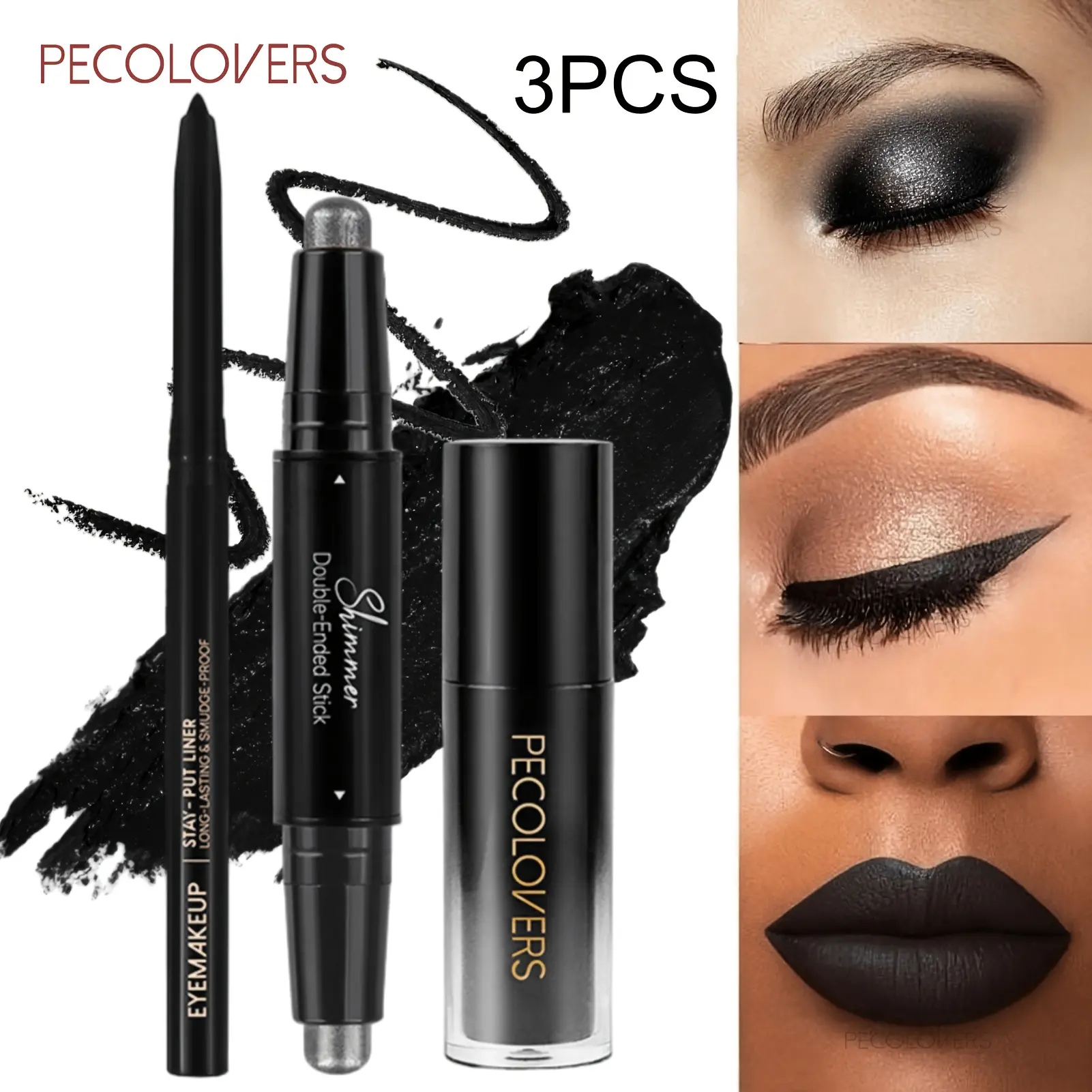 1PC Black Gel Eyeliner + 1pc Matte Black Lipstick + 1PC Double-Ended Black Eyeshadow Stick - Makeup Combo, Ultra-Fine Smooth Tip, Shimmer Black Eyeshadow, Waterproof Long-Wear Lipstick, Cat-Eye, Smoky Makeup, Perfect for Halloween Parties