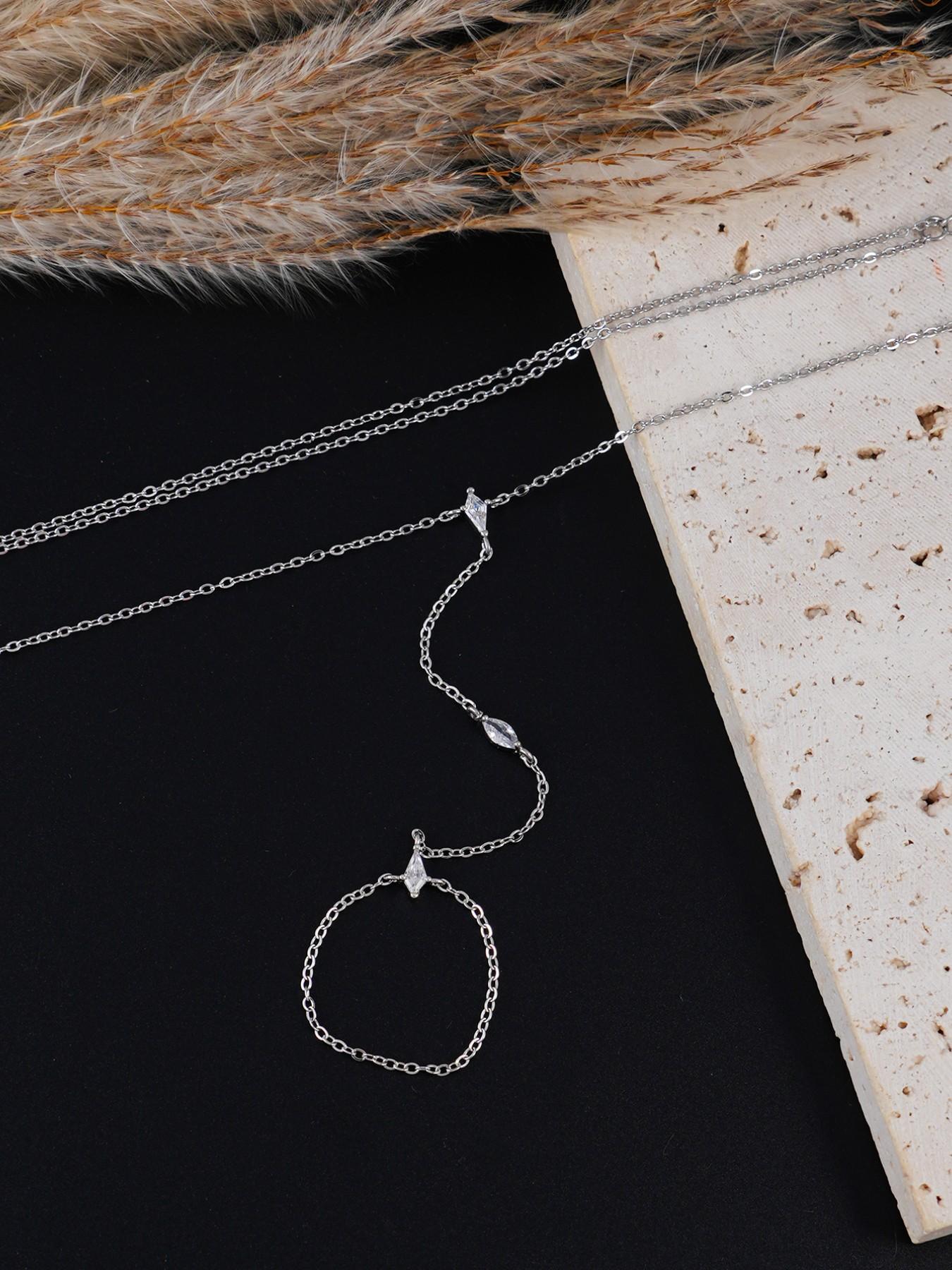 Women's Layered Zirconia Cubic Oxidized Finger Ring Bracelet Set, Perfect for Parties & Festivals, Sparkling Jewelry Accessories