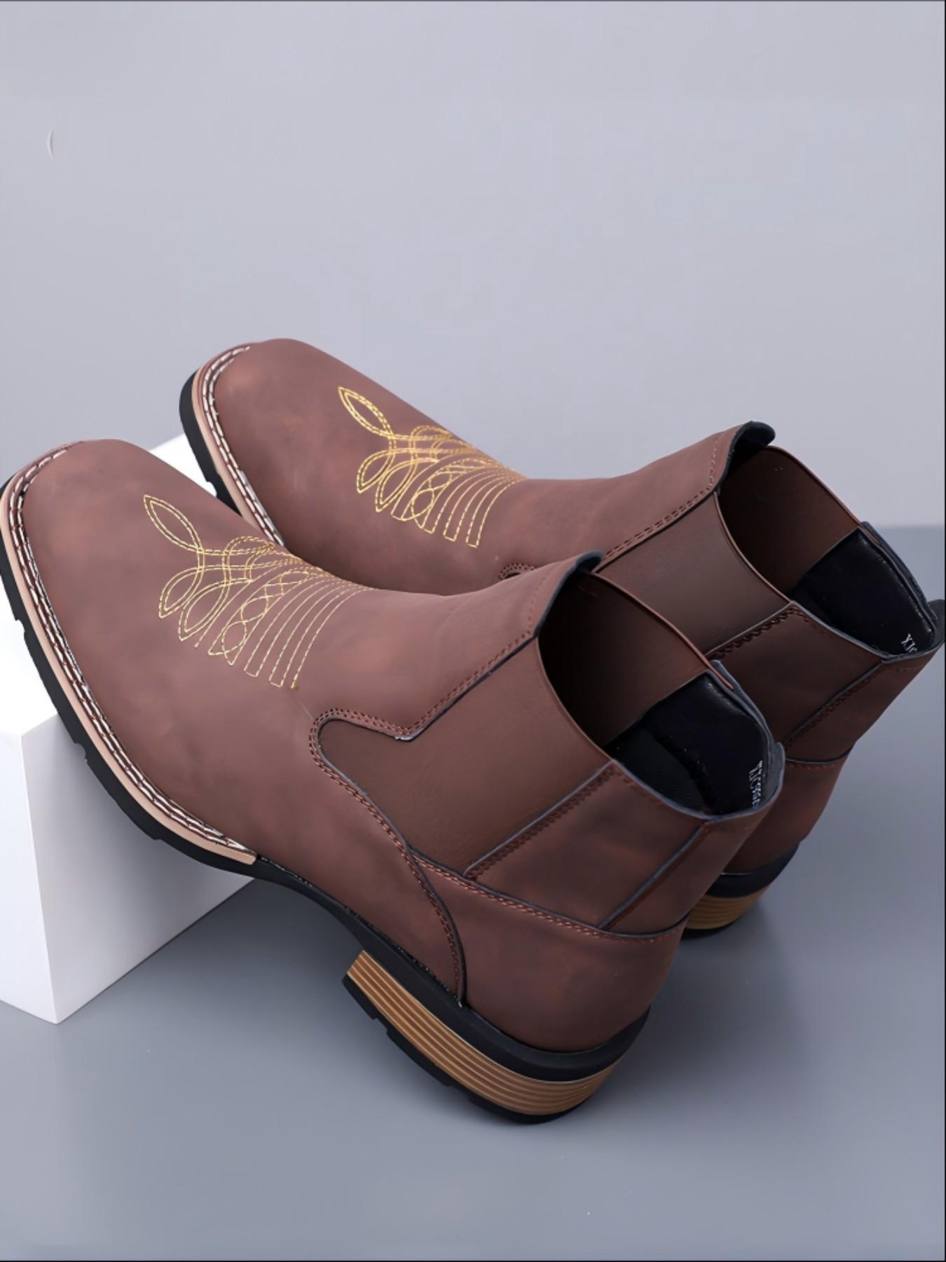 Vintage Embroidered Western Cowboy Chelsea Boots, Western Style Boots, PU Material, Geometric Pattern, Slip-On Design, Fall & Winter Fashion
