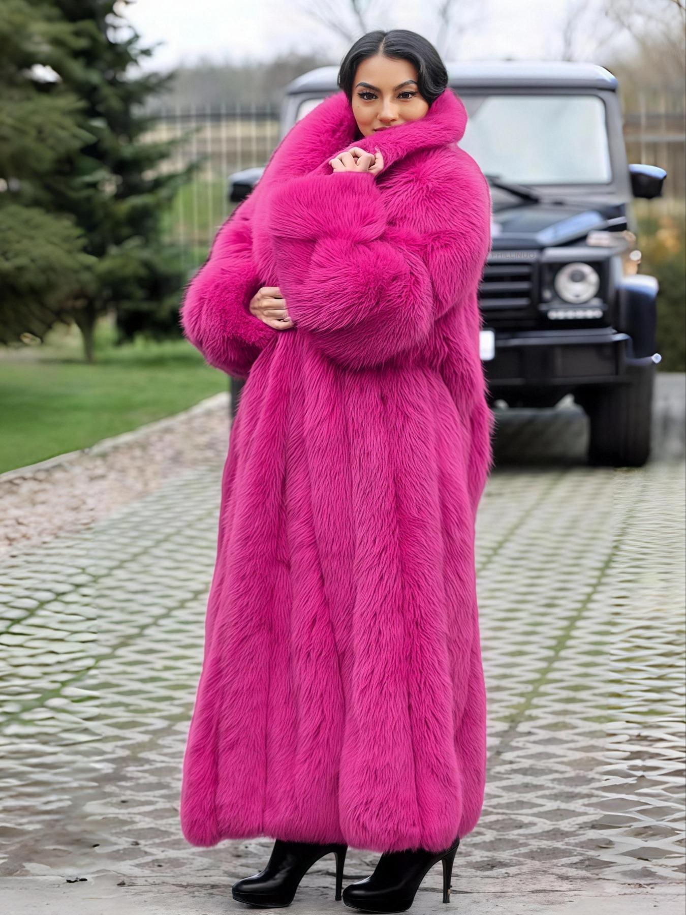 [Plus Size]Women's Faux Fur Coat, Comfortable Casual Party Jacket, Fashion Luxury Trendy Fall Winter, Soft Long Sleeve Pocket Medium Length, Outerwear