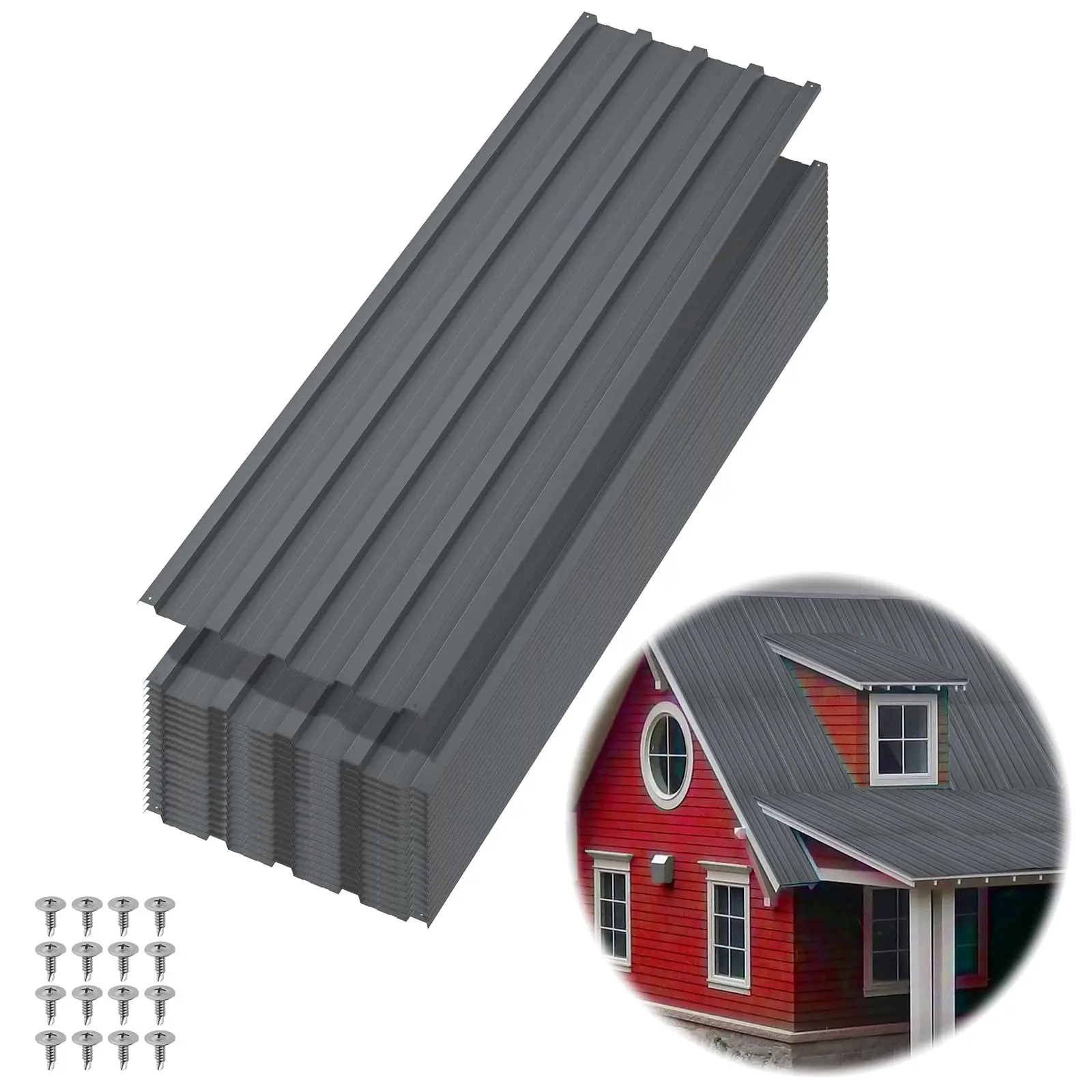 Garvee 20 Pcs Heavy Duty Galvanized Steel Metal Roofing Panels 60.63x16.77 inch, Waterproof and Easy to Install, Includes Screws for Carports, Garages, Warehouses, Pergolas, Gray Finish