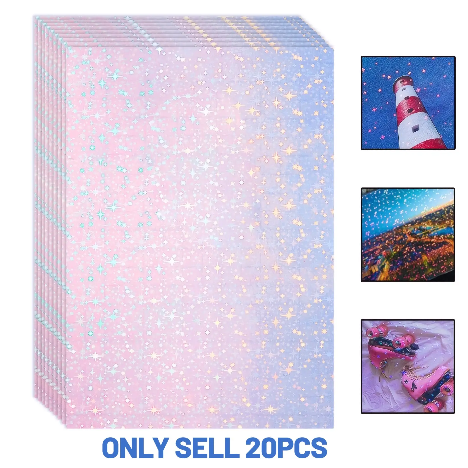 20 Sheets A4 Size Holographic Star Cold Lamination Film 8.3×11.7 Inch, Clear Waterproof Self-Adhesive Glitter Sticker Film Diy Decal Film 21×29.7 cm, Star Pattern, Sticker Packs, Decoration Sticker, Diy Decorative Stickers