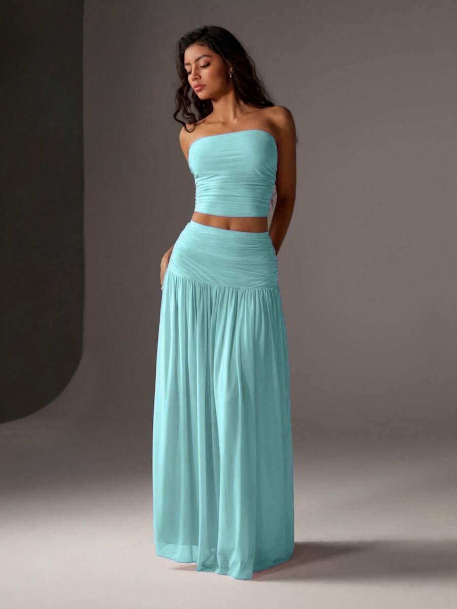 Women's Mesh Solid Color Halter Top Sleeveless and Long Dress Two-Piece Set, Breathable Summer Outfit, Elegant and Comfortable for Daily Wear, Neck Top Set