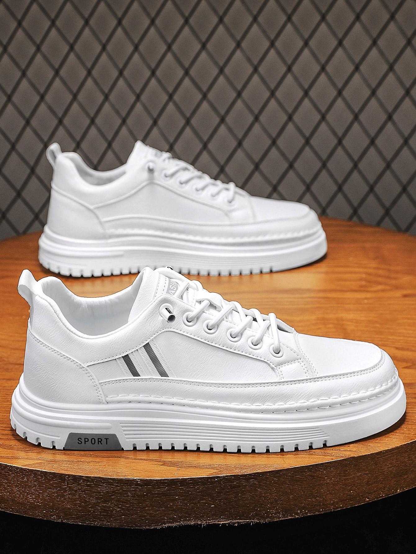 Men's Summer Thick Sole Sneakers, Simple Striped Casual Board Shoes, Soft Leather Breathable Lightweight, Height Boosting Slim Fit, Versatile Daily Wear