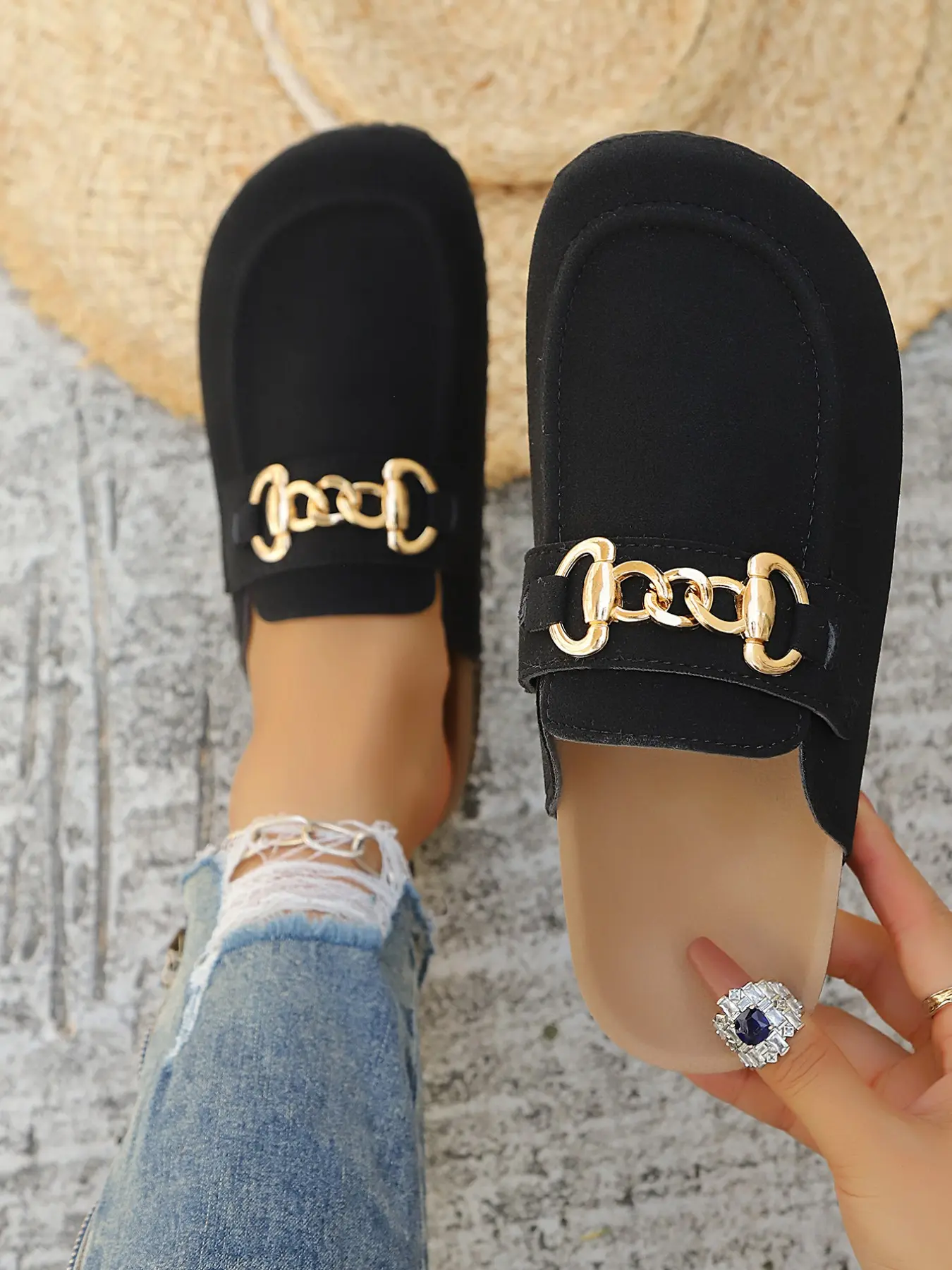 Metal Chain Decorated Slip-On Shoes, Buckle, Breathable Softwood Insole, Anti-Slip Flat Sole, Casual & Commute Style