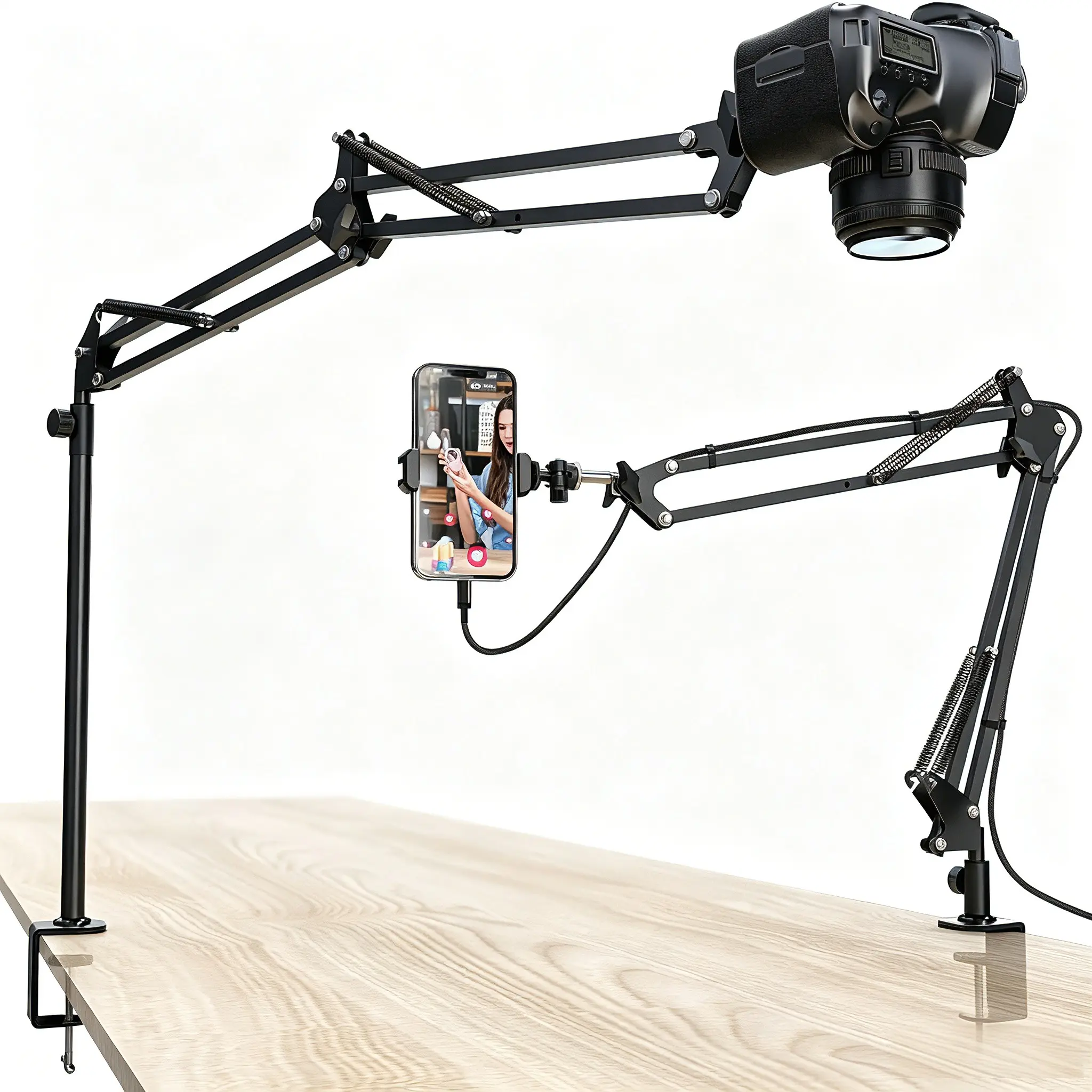 Overhead Camera Mount, Desk Camera Mount with Articulating Arm, 360° Adjustable Stand for Phone/DSLR/Webcam, C-Clamp Tabletop Mount for Video Recording, Tiktok, YouTube, Live Streaming